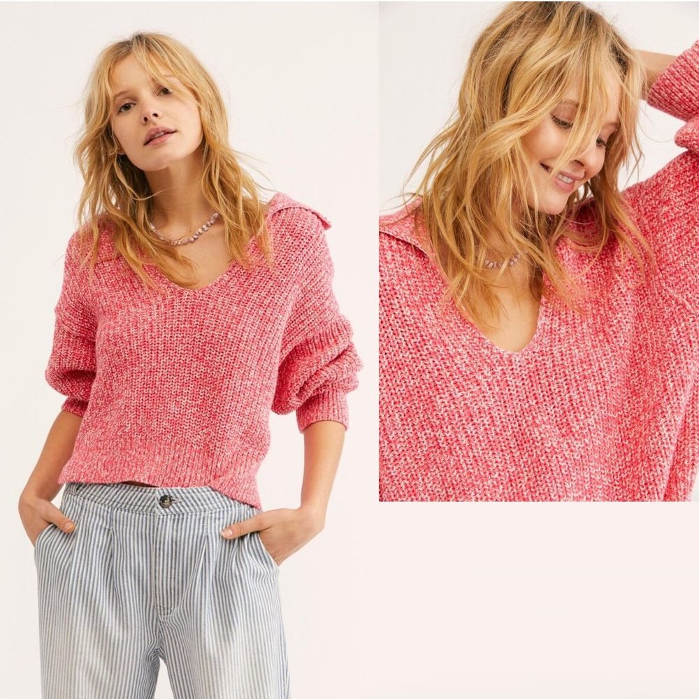 New Free People Love This City Collared Cotton Pink Melange Sweater Size S